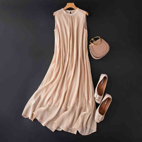 

dress women's 100% pure crinkle silk sleeveless cotton lining pink long dress crew neck l xl jn474, Black;gray