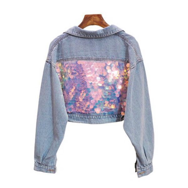 

perhaps u women blue denim bling jacket pocket sequined long sleeves turn down collar c0140 210529, Black;brown