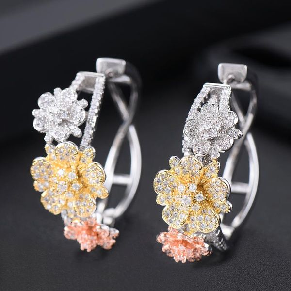 

hoop & huggie blachette cubic zirconia charm shiny blooming flowers earrings for women bridal wedding gift important occasion jewelry, Golden;silver