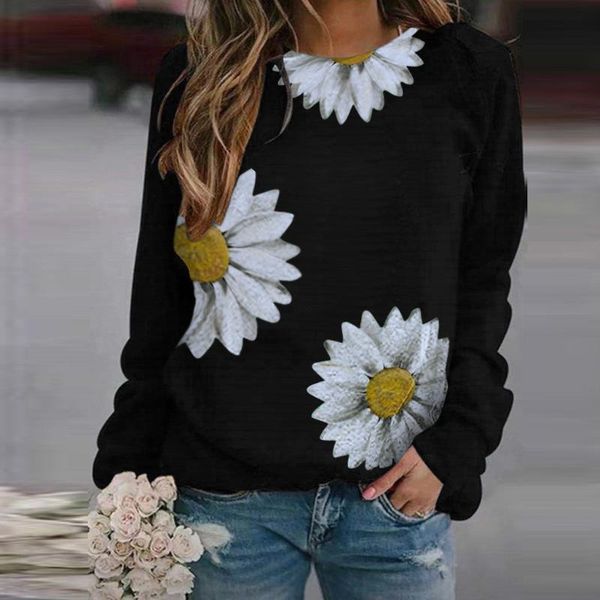 

40#women autumn daisy print pullover shirts long-sleeved patchwork blouse o-neck casual elegant brief women's blouses &, White