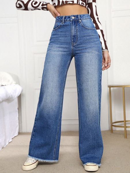 

raw hem wide leg jeans 20p4#, Blue