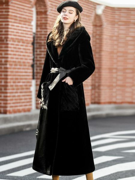 

women's fur & faux coat women winter european and american mink mouth with hooded sheep one long style fs21100, Black