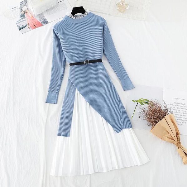 

work dresses two pieces suit women sweater knitted dress autumn winter long sleeved + lotus leaf collar vest, White;black