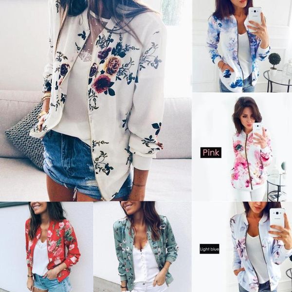 

women's jackets print jacket women flowers zipper up retro coat autumn summer long sleeve slim basic plus size short baseball female, Black;brown