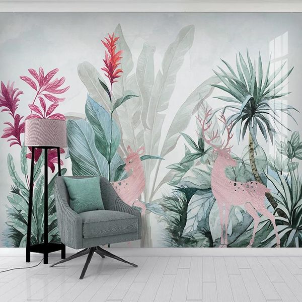 

wallpapers custom mural wallpaper nordic style tropical plant banana leaf elk wall painting living room tv sofa bedroom papel de parede 3d