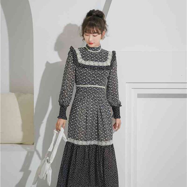 

casual dresses autumn vintage lantern sleeve turtleneck women long midi a line polka dot korean fashion clothing 30j7, Black;gray