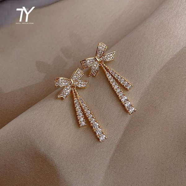 

dangle & chandelier 2021 classic zircon bow earrings fashion korean jewelry for woman christmas party girl's unusual luxury accessories, Silver