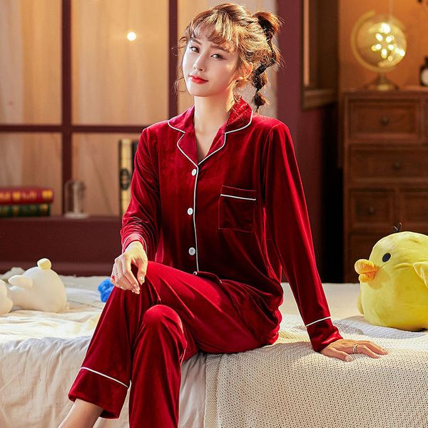 

women's sleepwear veet pajamas winter flannel dot set women lace pajama full sleeve pant sweet homewear big size 2xae, Black;red