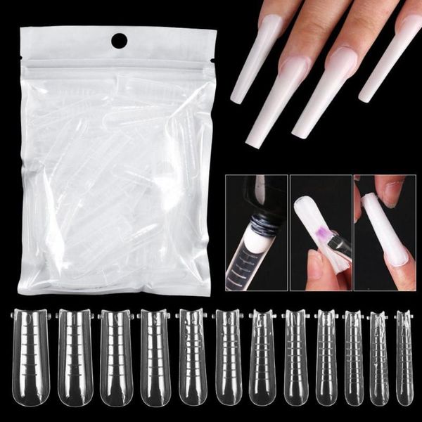 

false nails 60pcs artificial nail tips graduated extend clear coffin shape quick building mold for manicure, Red;gold