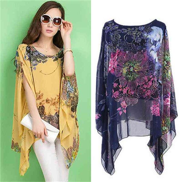 

women's blouses & shirts summer women batwing sleeve loose chiffon floral print blouse 38l7, White