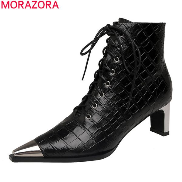 

morazora genuine leather boots fashion pointed toe high heels ladies shoes simple lace up autumn winter ankle boots 210506, Black