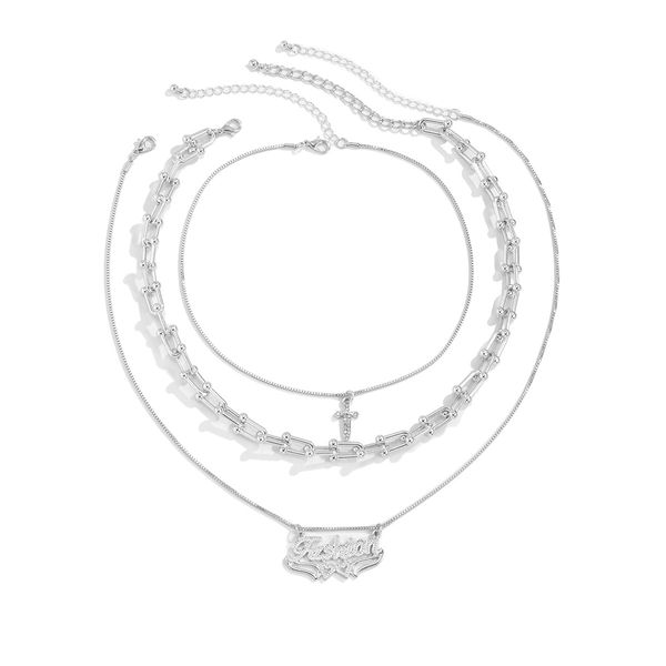 

fashion letter micro inlaid cross pendant necklaces retro geometric horseshoe bamboo link necklace hip hop alloy point rhinestone clavicle c, Silver