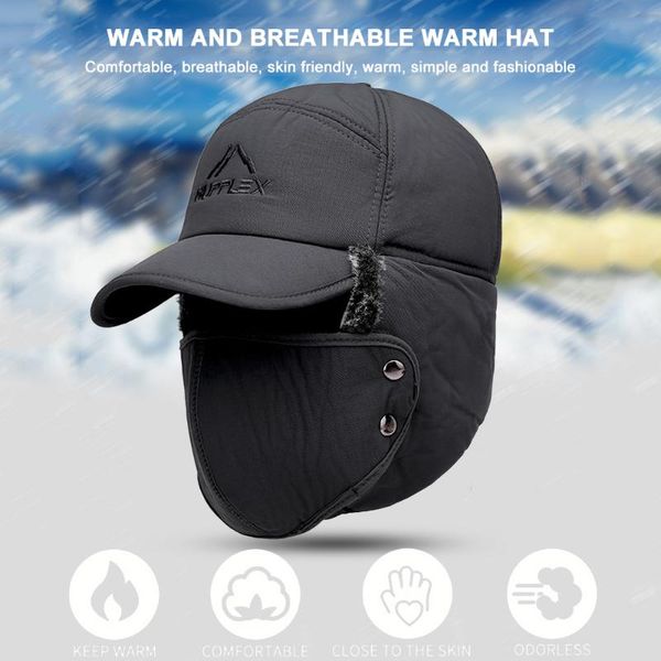

thicken winter thermal bomber hat face windproof ear protection velvet ski cap biking portableÂ dustproof cycling parts caps & masks, Black