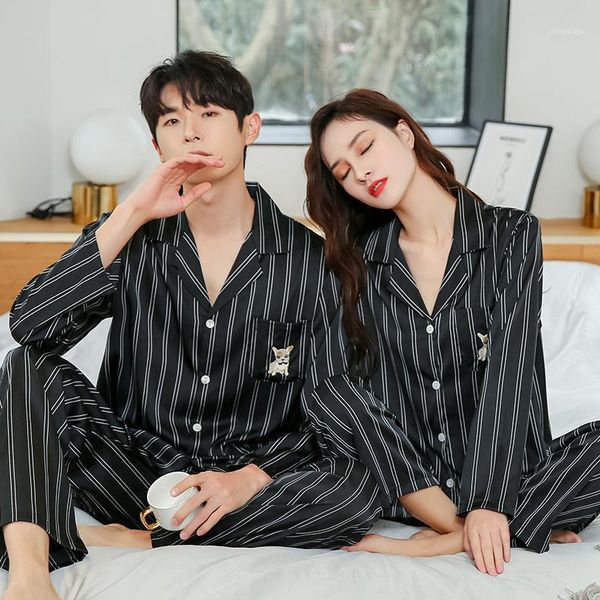 

lovers sleepwear black striped 2pcs pajamas set faux silk satin trouser suits button-down elastic waist home clothes men's, Black;brown