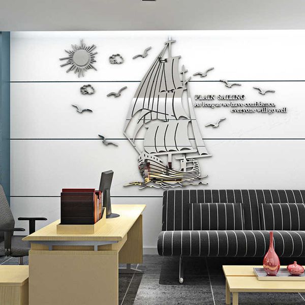 Kreative Segelboot-Acryl-3D-Wandaufkleber, Unternehmen, inspirierende Spiegel-Wandaufkleber, Klassenzimmer, Wohnheim, Büro, DIY, Heimdekoration 210705