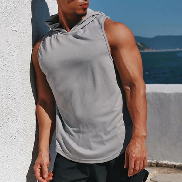 

men' tank men bodybuilding gym workout fitness sleeveless hoodies shirt round neck breathable loose summer hooded undershirt, White;black