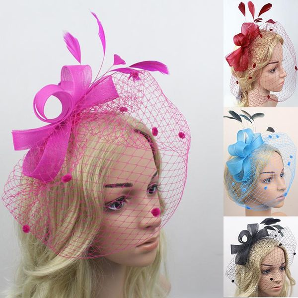 

headpieces bowknot fascinators hat for women tea party headband kentucky derby wedding cocktail flower veil mesh feather hair clip girl, Silver