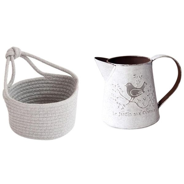 

french retro rural white flower pots with household items cotton woven fishing basket small hanging gray storage baskets