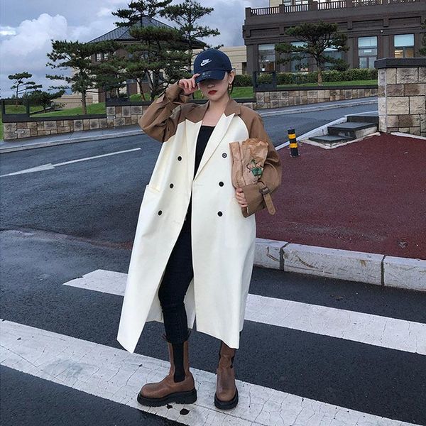 

women's trench coats autumn 2021 women long khaki patchwork beige color windbreaker coat vintage double breasted turndown collar elegan, Tan;black