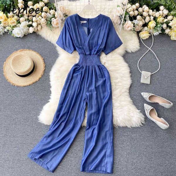 

women v-neck fashion high waist slim retro denim wide leg thin jumpsuit summer short sleeve casual overalls 210430, Black;white