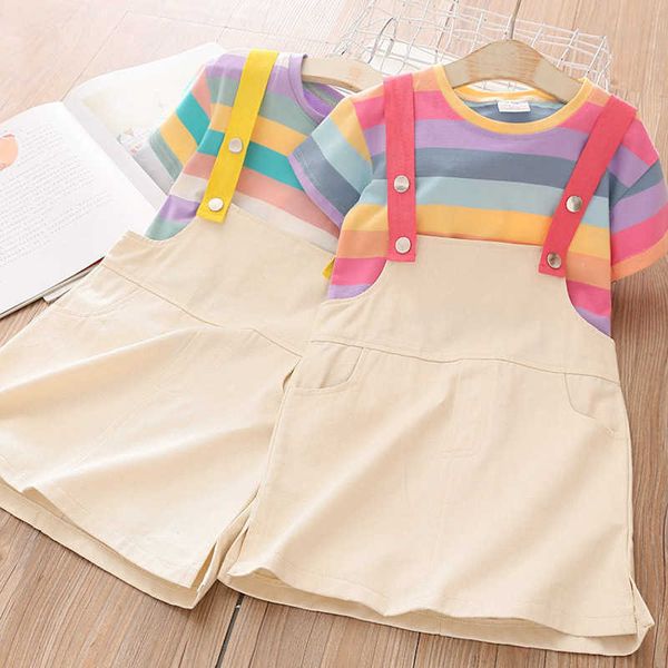 Yaz 2 3 4 6 8 10 12 Yıl Bebek Tulum Pamuk Elbise + Kısa Kollu Şerit T-Shirt 2 ADET Okul Çocuk Kız Giysileri Seti 210529