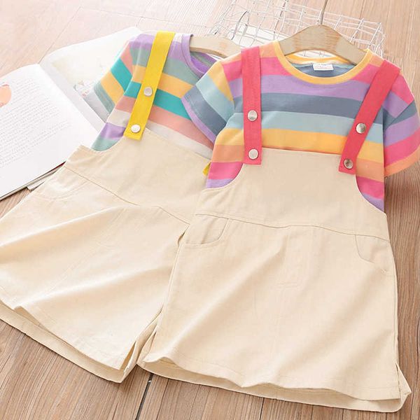 

summer 2 3 4 6 8 10 12 years baby overalls cotton dress+short sleeve stripe t-shirt 2 pcs school kids girls clothes set 210529, White
