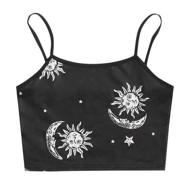 Sexy Women Black Camis O-Collo Sun Moon Print Crop Top Sleevely2k Gothic Short Canotte Slim Fit Clubwear mujer Chaleco A40 X0507