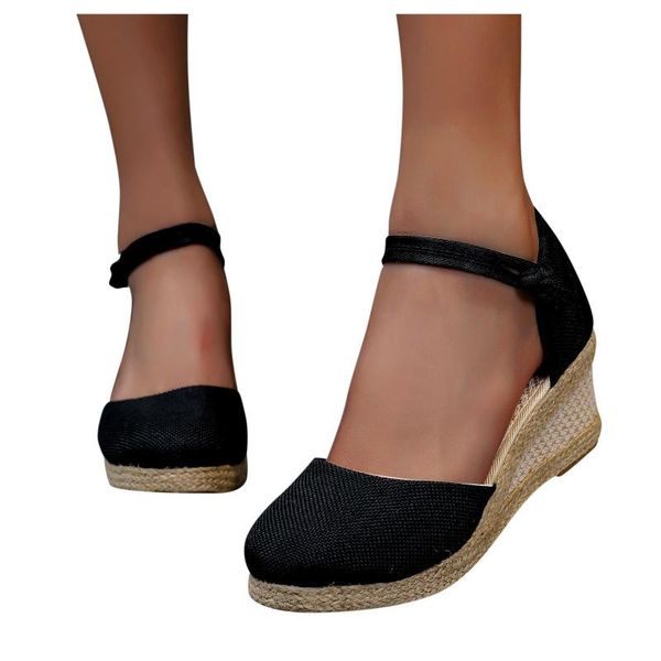 

sandals trendy women shoes 2021 summer platform retro tassels thick bottom buckle ladies outdoor female flat comfortable, Black