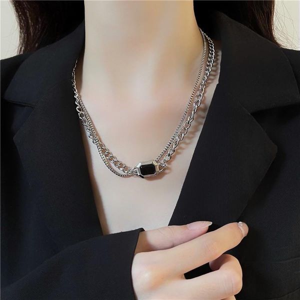 

chains hip hop cuban chain necklace black square crystal pendant clavicle for women korean collares double layer neck jewelry, Silver
