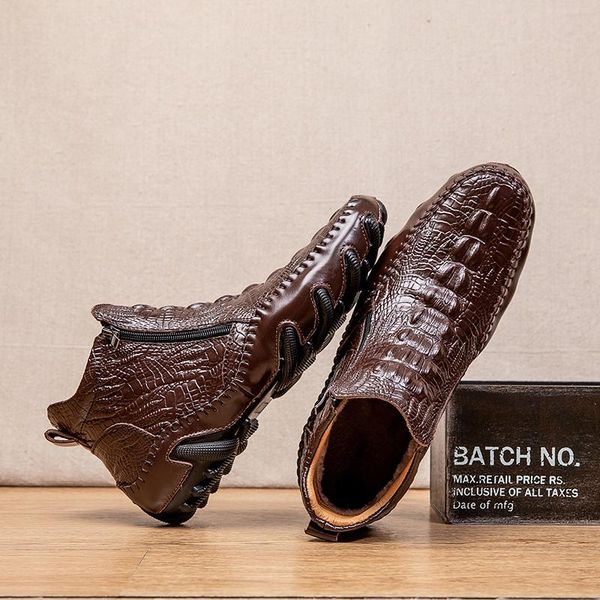 

crocodile pattern men's leather shoes british medium short boots large zapatos de hombre winter warm male boot dress, Black