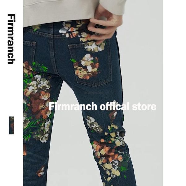 

men's jeans firmranch hand-painted printing for men/women 2021 high street stacked g-dragon boyfriend vibe pants moto trouse, Blue