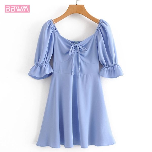 Harajuku Francese Retro Corno Maniche Clavicola Esposta Vita Principessa Abito Femminile Dolce Cielo Blu Vacanza Chic Abiti da Donna 210507