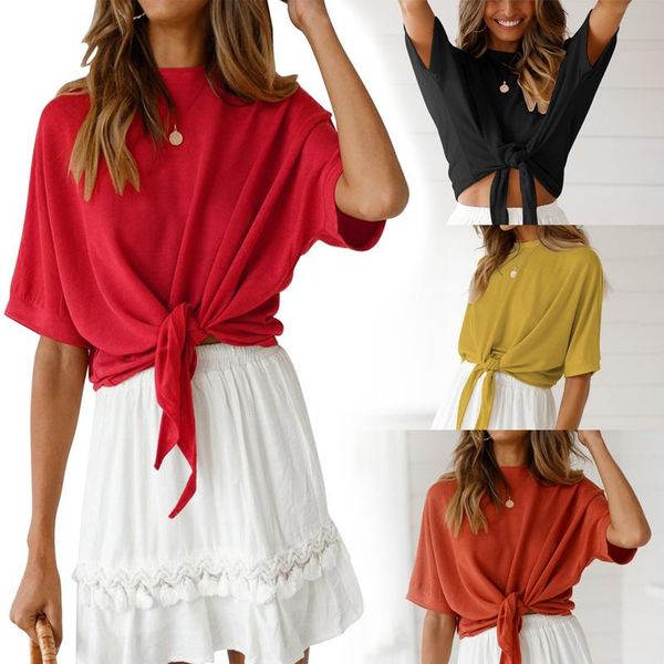 

women's t-shirt women summer round neck short sleeve straped casual loose solid color for vacation beach, White