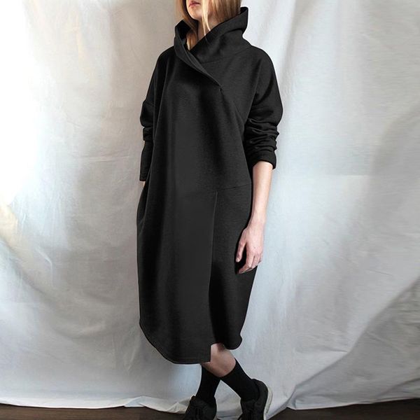 

casual dresses women's fashion irregular pocket sweatshirt dress autumn ladies solid vestidos turtleneck midi robe, Black;gray