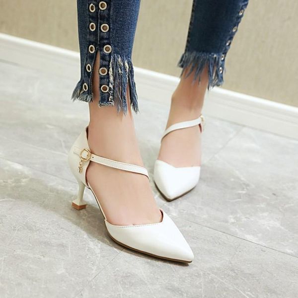 

dress shoes big size high heels sandals women woman summer ladies pointed slim heel strap buckle, Black