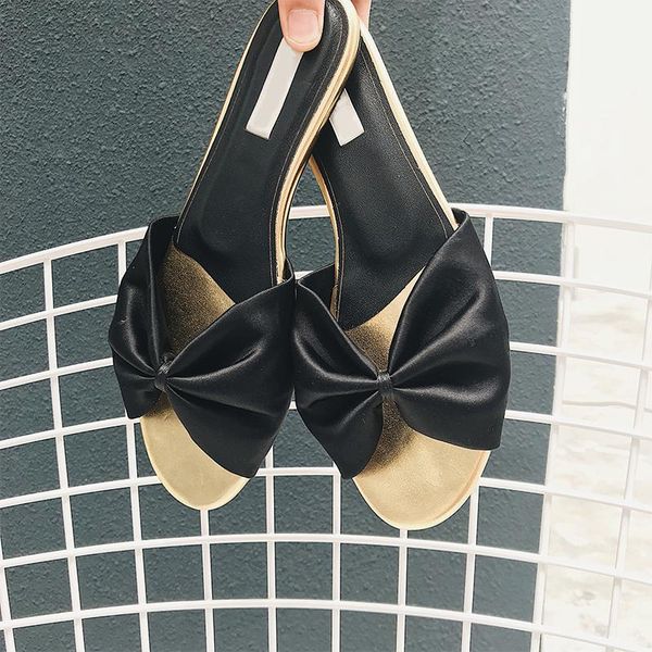 

slippers flat women summer shoes genuine leather fashion bow tie slides satin basic beach black ladies