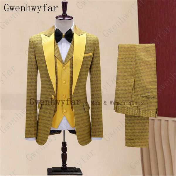 GwenhwyFar estilo de moda sarja os homens terno para casamento (blazer + colete + calça) jaqueta de lapela pico amarelo com calça costurando colete cor x0909