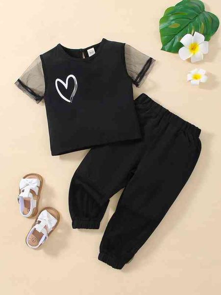 

baby heart print contrast mesh tee & pants she, Blue