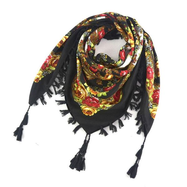 

scarves 90*90cm russian women fringed square scarf ethnic style floral pattern head hijab wrap retro national shawl bandana, Blue;gray