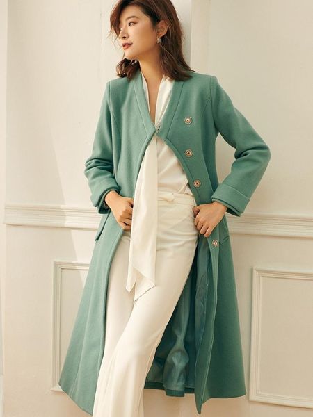 

women's wool & blends green woolen cloth thickened lady goddess fan medium long coat elegant temperament windbreaker woman small, Black