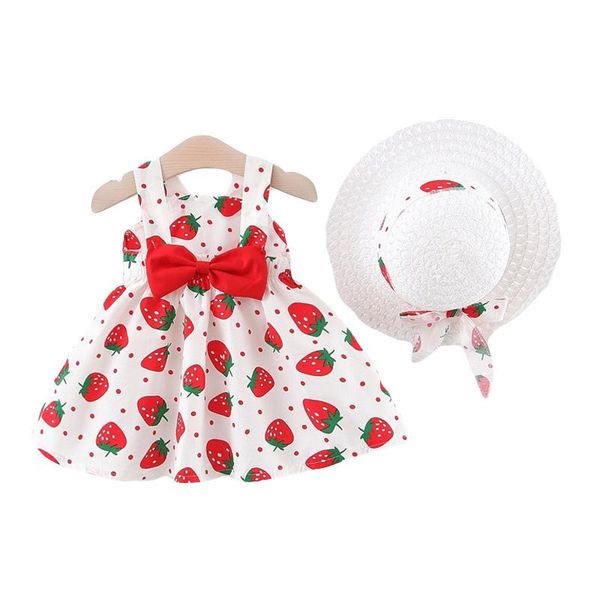 

girl's dresses born girl bow dress printed strawberry beach costume for birthday year baby clothes princess dress+sunhat 2pcs, Red;yellow