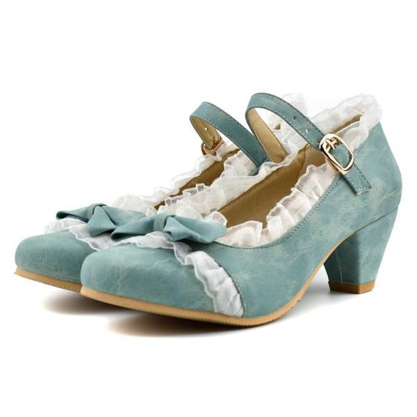 

dress shoes pxelena ruffles sweet lolita mary janes butterfly-knot chunky block med heels pumps princess wedding party large sz, Black