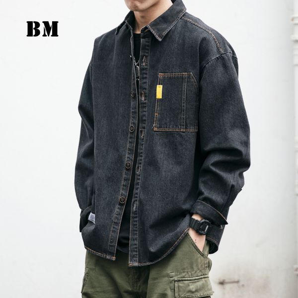

men's casual shirts 2021 japanese streetwear denim shirt korean workwear coats men clothing couple long sleeve ha, White;black