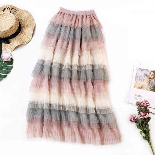 

fading color tulle ankle-length faldas largas elegantes western style rainbow striped layer skirt 210527, Black