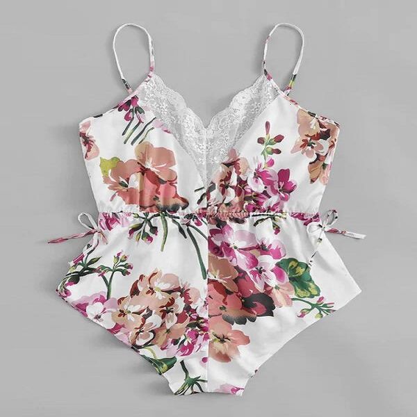 

floral suspender jumpsuit deep v mh underwear elastic belt skirt pants, Black;white