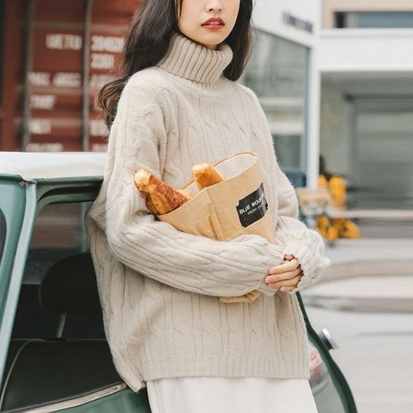 

women's sweaters winter turtleneck knitted pullover sweater women solid korean style loose female casual warm knitwear 2021, White;black