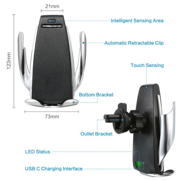 S5 Supporto per caricatore per auto wireless con bloccaggio automatico universale Supporto per ricevitore Sensore intelligente Caricabatterie a ricarica rapida da 10 W per iPhone 12 Telefoni Samsung S20 DHL