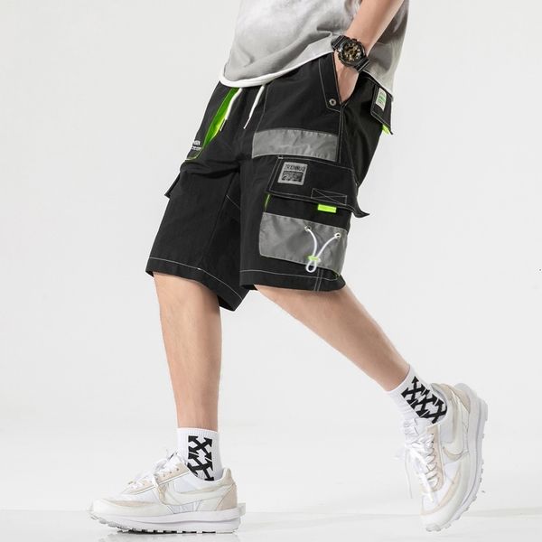 

men's shorts harajuku streetwear summer casual black men pockets mens cargo cotton ribbons bermuda knee length shor h439, White;black