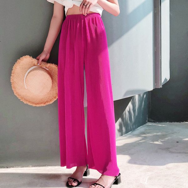 

skirts women's korean-style pleated high-waist bright silk ankle loose pants summer drape wide leg casual long 8xl1, Black