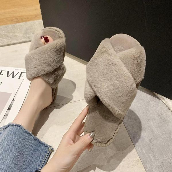 

cross plush slippers women winter flat shoes non-slip indoor warm home solid color comfortable, Black